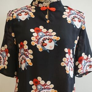 Stunning Oriental Silk Tunic Size Med Black Red